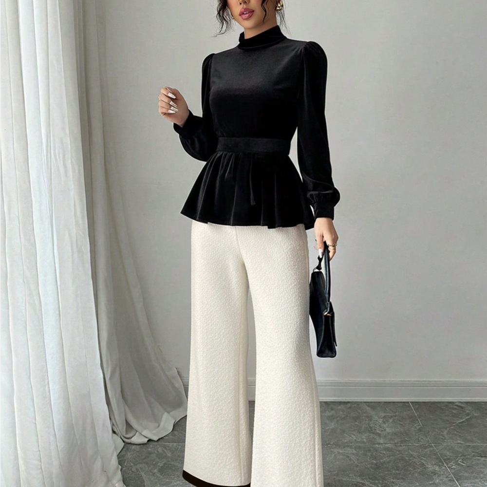 SHEIN Black Top with White Wide Leg Pants